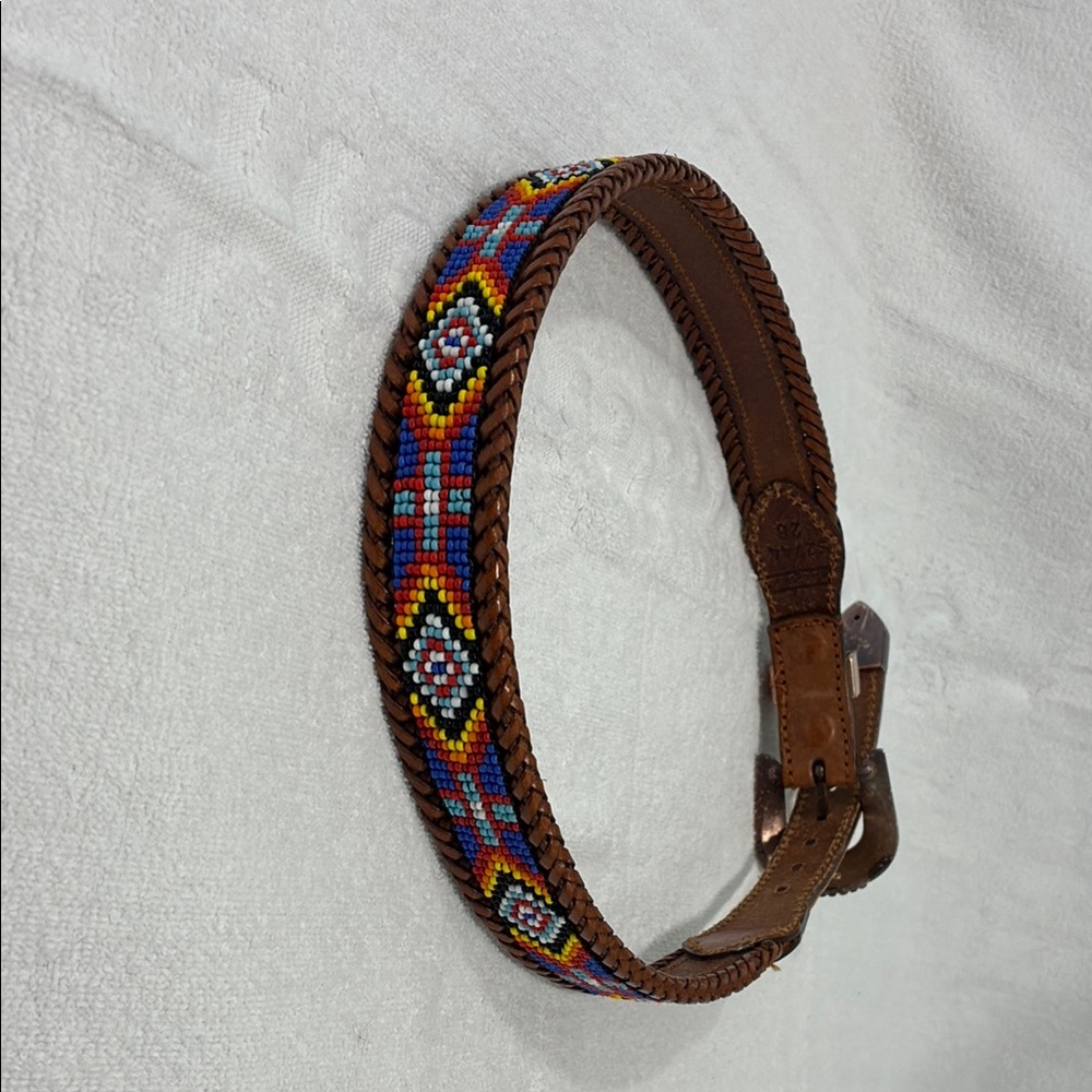 Western style Beaded Leather Belt - Brown and Multicolor with silver buckle.